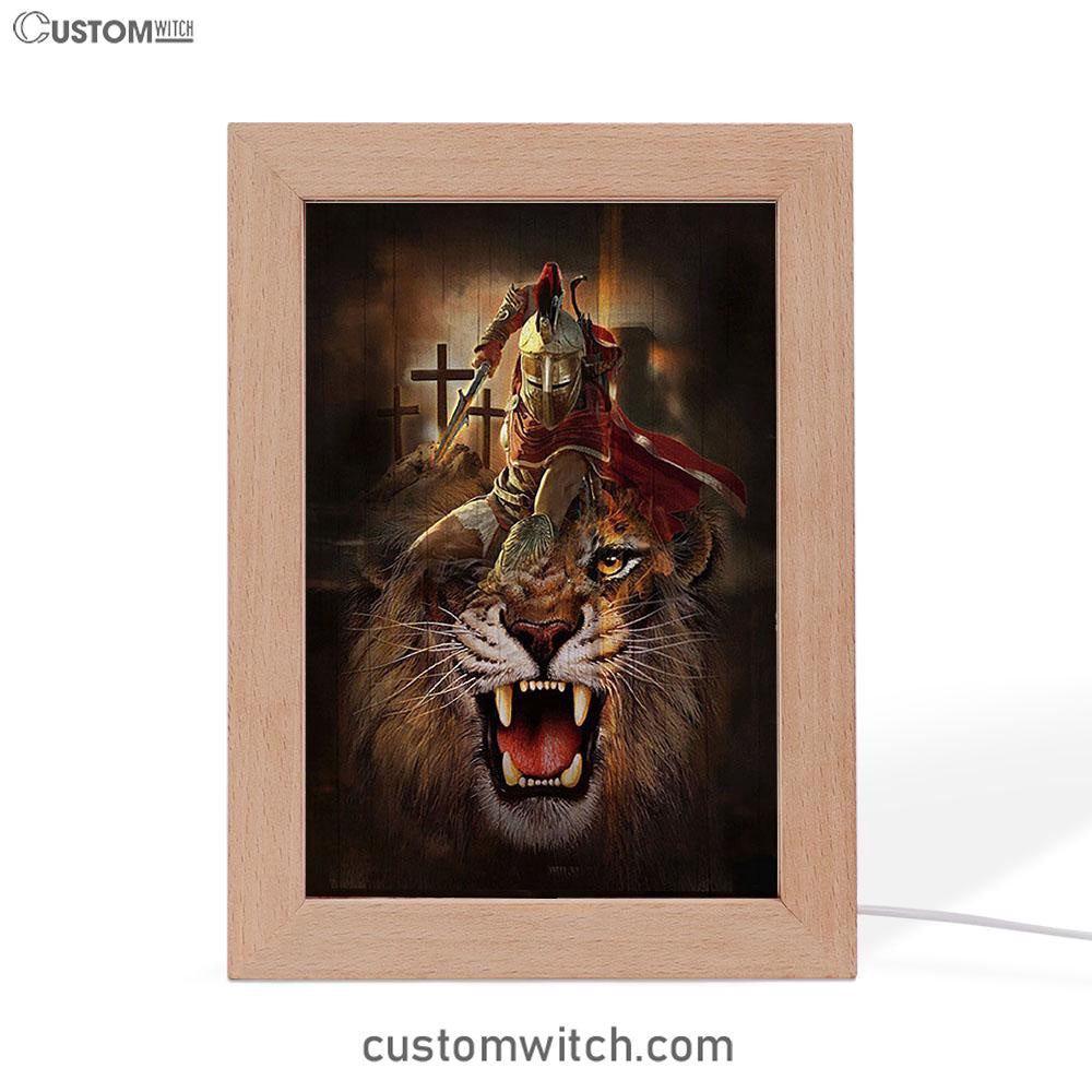 Warrior Of God Three Wooden Crosses Great Lion Of Judah Frame Lamp Print - Inspirational Frame Lamp Art - Christian Art Home Decor