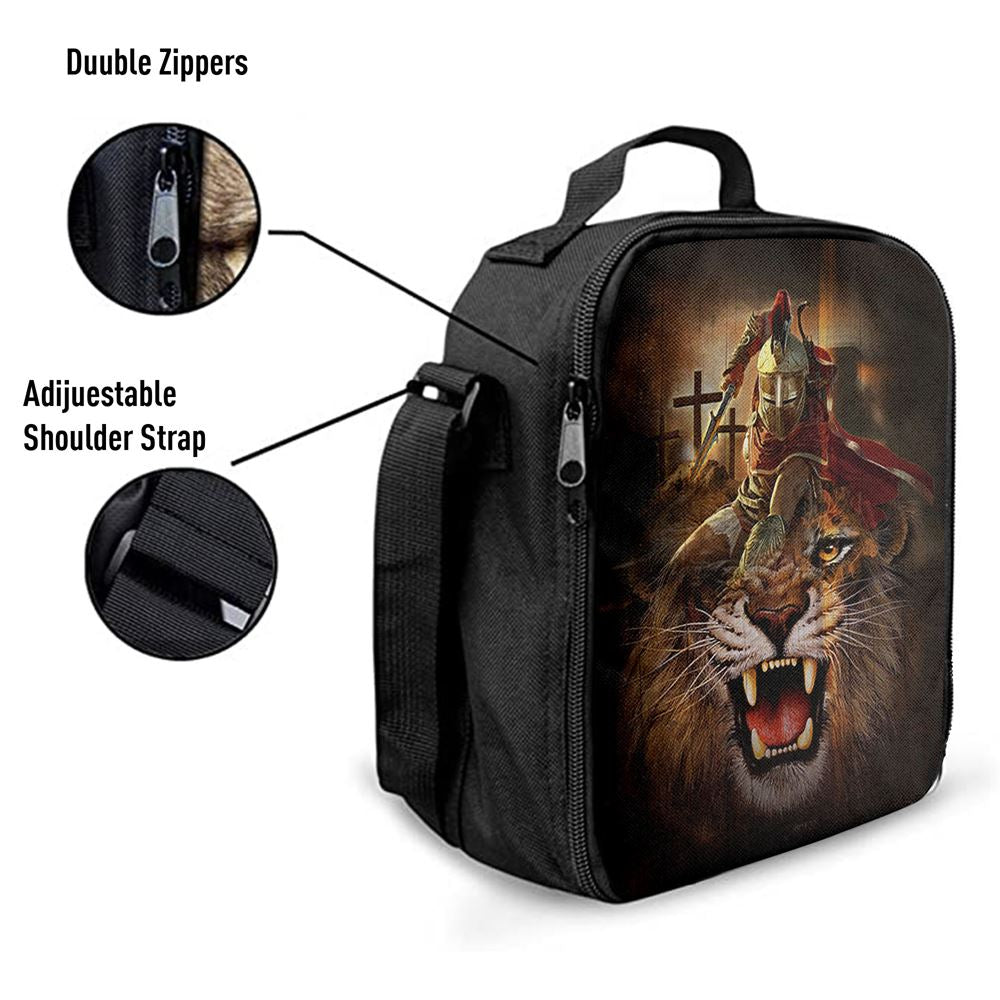 Warrior Of God Three Wooden Crosses Great Lion Of Judah Lunch Bag For Men And Women, Spiritual Christian Lunch Box For School, Work