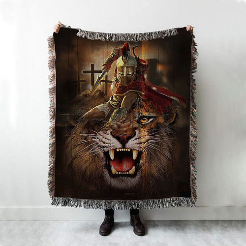 Warrior Of God Three Wooden Crosses Great Lion Of Judah Woven Blanket Print - Inspirational Woven Blanket Art - Christian Throw Blanket Home Decor