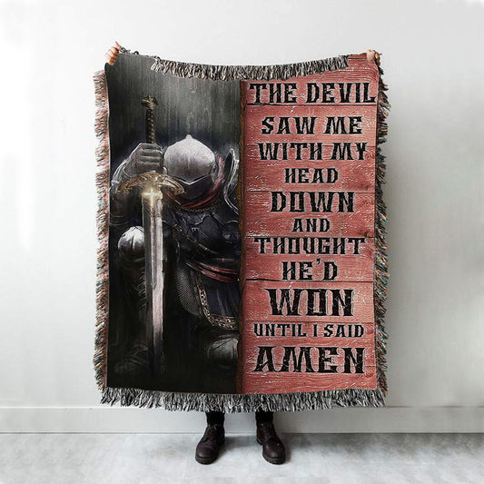 Warrior The Devil Thought He'd Won Until I Said Amen Woven Blanket Art - Christian Art - Bible Verse Throw Blanket - Religious Home Decor