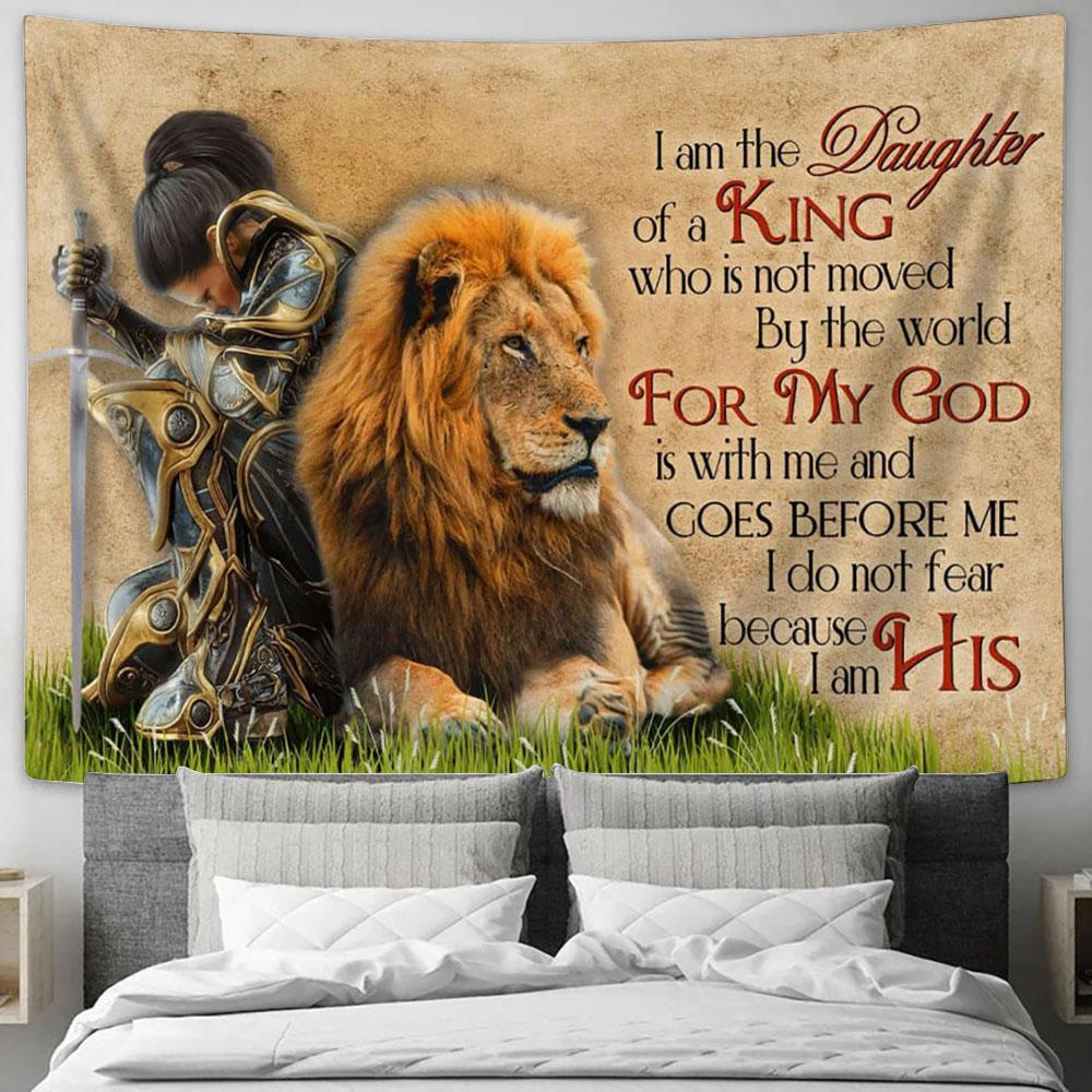 Warrior Woman And Lion I Am The Daughter Of A King Who Is Not Moved By The World Tapestry Art - Scripture Tapestry Prints - Christian Wall Art