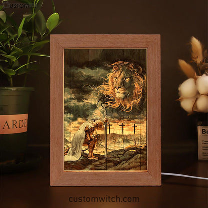 Warrior Women And Lion Of Judah Frame Lamp Art - Christian Night Light - Bible Verse Wooden Lamp