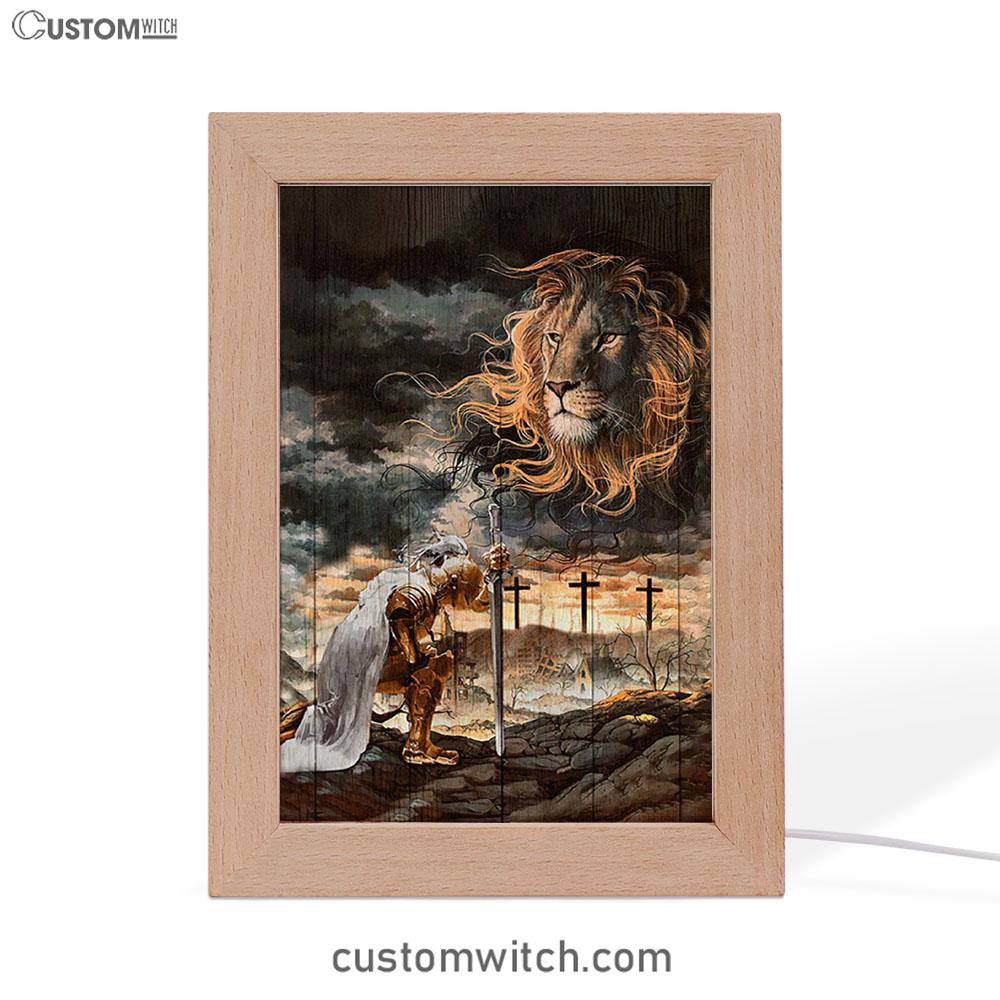 Warrior Women And Lion Of Judah Frame Lamp Art - Christian Night Light - Bible Verse Wooden Lamp