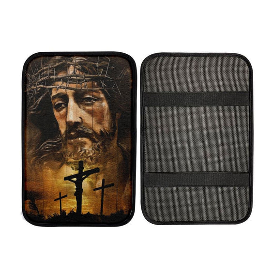 Watercolor Jesus Crown Of Thorn Jesus On The Cross Car Center Console Cover, Car Armrest Pad, Christian Gift, Armrest Box Mat