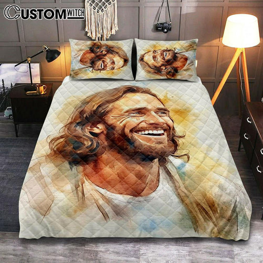 Watercolor Jesus Laughing Quilt Bedding Set Prints - Jesus Quilt Bedding Set Art - Christian Bedroom Decor
