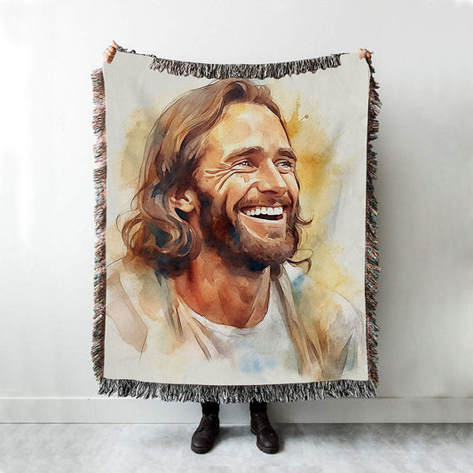 Watercolor Jesus Laughing Woven Blanket Prints - Jesus Woven Blanket Art - Christian Throw Blanket Decor