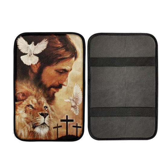 Watercolor Jesus Painting Lion Drawing Dove Car Center Console Cover, Car Armrest Pad, Christian Gift, Armrest Box Mat
