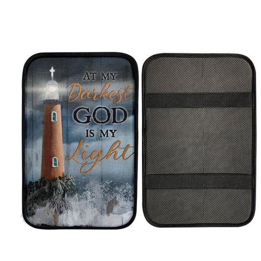Watercolor Lighthouse, Stunning Ocean, At My Darkest God Is My Light Car Center Console Cover, Car Armrest Pad, Christian Gift