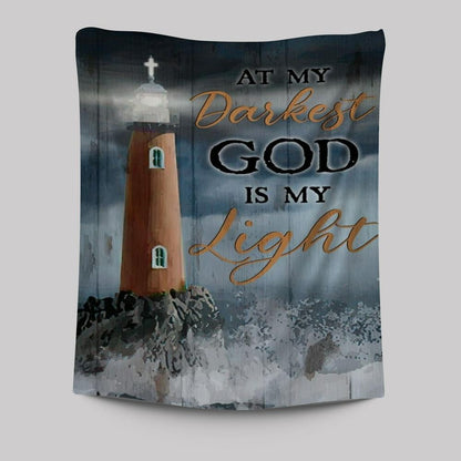 Watercolor Lighthouse, Stunning Ocean, At My Darkest God Is My Light Tapestry