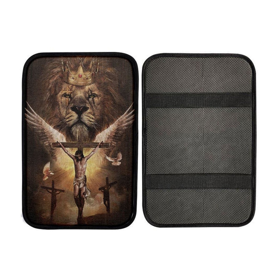 Watercolor Lion Jesus On Cross Car Center Console Cover, Car Armrest Pad, Christian Gift, Armrest Box Mat