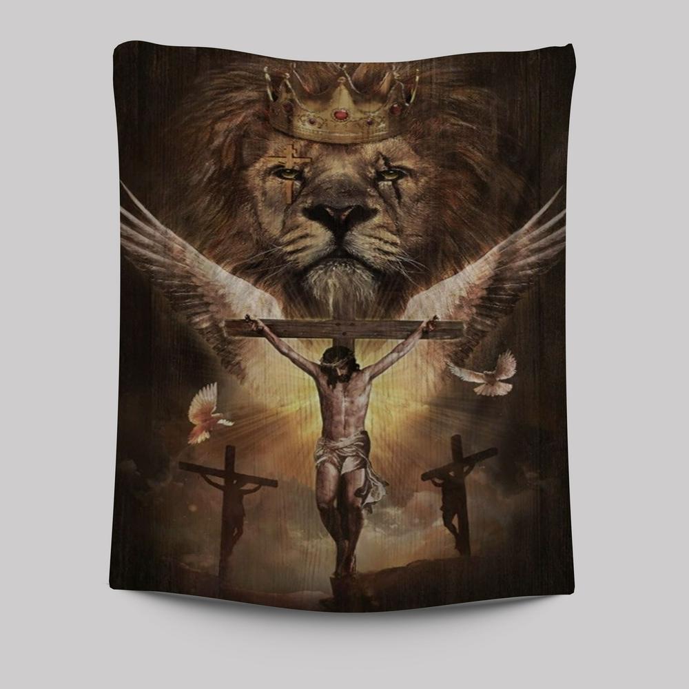 Watercolor Lion Jesus On Cross Tapestry