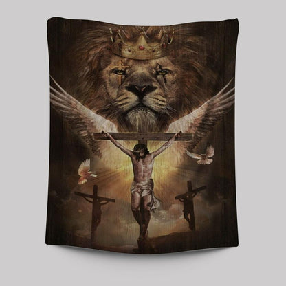 Watercolor Lion Jesus On Cross Tapestry