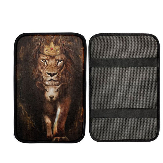 Watercolor Lion Lamb Of God Golden Crown Car Center Console Cover, Car Armrest Pad, Christian Gift, Armrest Box Mat