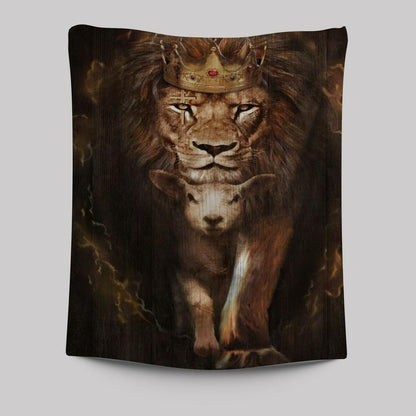 Watercolor Lion Lamb Of God Golden Crown Tapestry