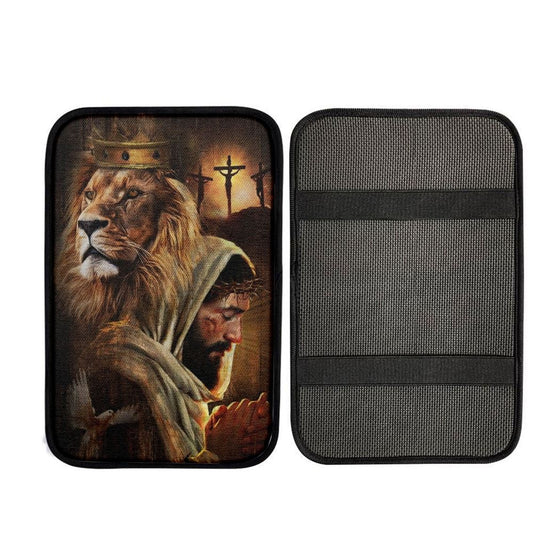 Watercolor Lion Pray With Jesus Jesus On The Cross Car Center Console Cover, Car Armrest Pad, Christian Gift, Armrest Box Mat