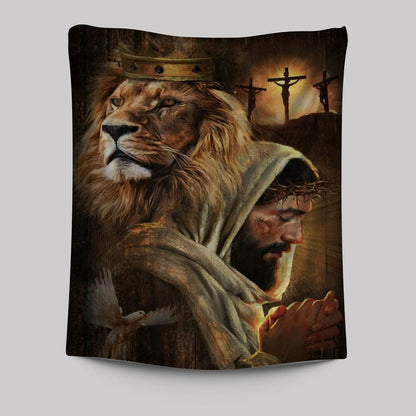 Watercolor Lion Pray With Jesus Jesus On The Cross Tapestry