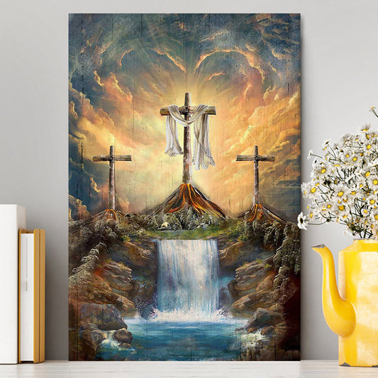 Waterfall Painting Light From Heaven The Three Crosses Canvas Art - Christian Art - Bible Verse Wall Art - Religious Home Decor