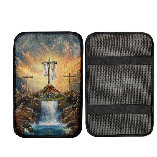 Waterfall Painting Light From Heaven The Three Crosses Car Center Console Cover, Religious Car Interior Accessories