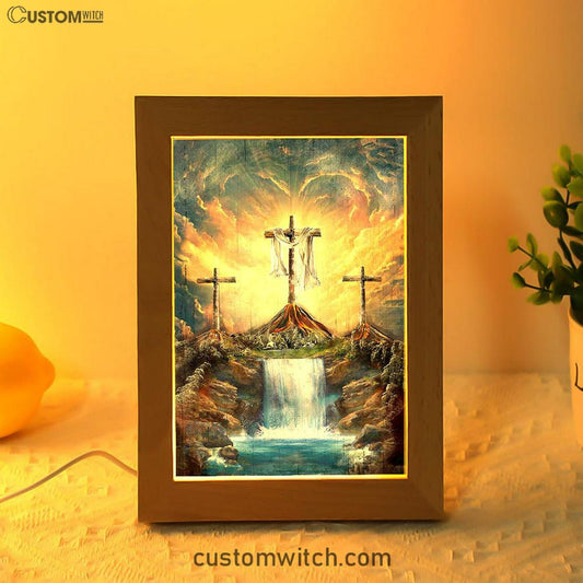 Waterfall Painting Light From Heaven The Three Crosses Frame Lamp Art - Christian Art - Bible Verse Art - Religious Home Decor