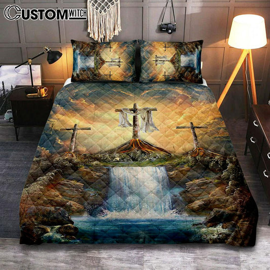 Waterfall Painting Light From Heaven The Three Crosses Quilt Bedding Set Art - Christian Art - Bible Verse Bedroom - Religious Home Decor