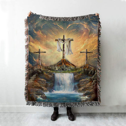 Waterfall Painting Light From Heaven The Three Crosses Woven Blanket Art - Christian Art - Bible Verse Throw Blanket - Religious Home Decor