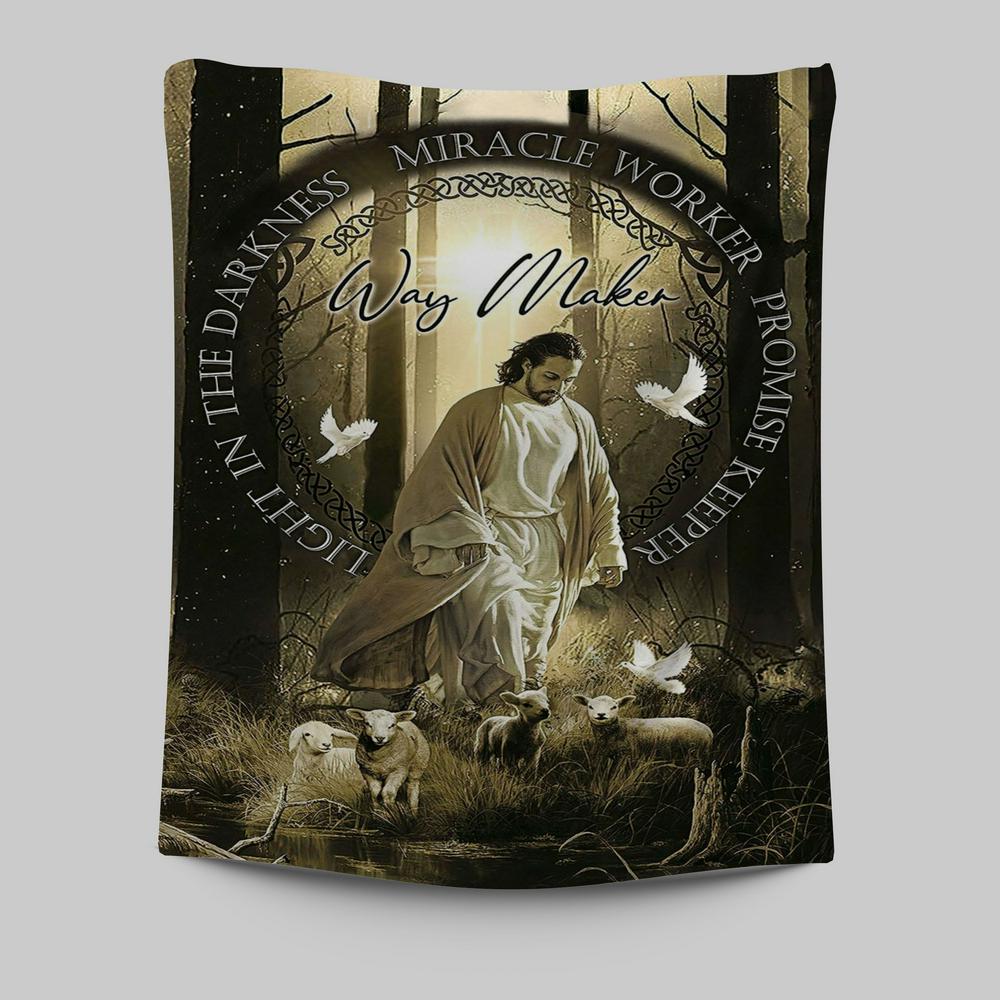 Way Maker Jesus & Lambs Tapestry Wall Art - Jesus Tapestry Pictures - Christian Tapestries Wall Art