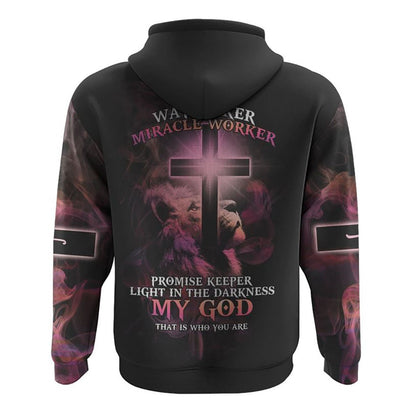 Way Maker Miracle Worker Lion Cross Pink Smoke All Over Print 3D Hoodie, Christian Hoodie, Christian Sweatshirt, Bible Verse Shirt