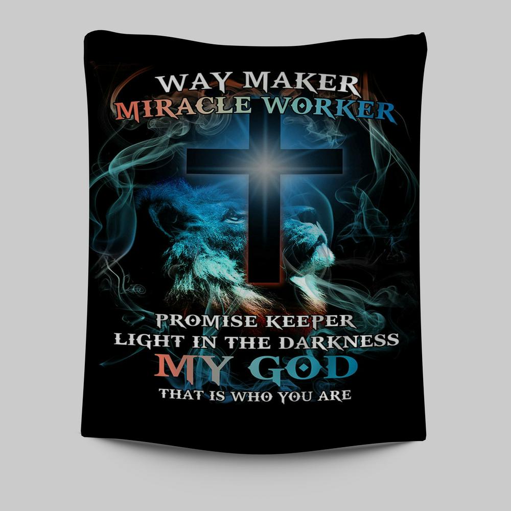Way Maker Miracle Worker Lion & Cross Tapestry Wall Art - Christian Wall Tapestry - Religious Tapestries Wall Hanging Prints