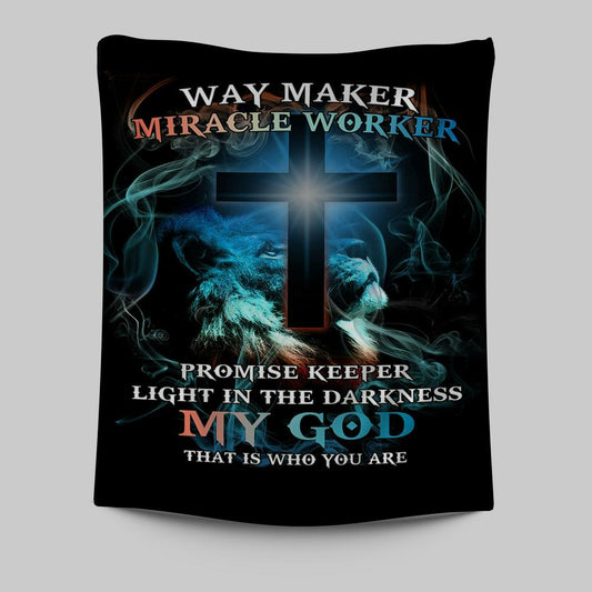 Way Maker Miracle Worker Lion & Cross Tapestry Wall Art - Christian Wall Tapestry - Religious Tapestries Wall Hanging Prints