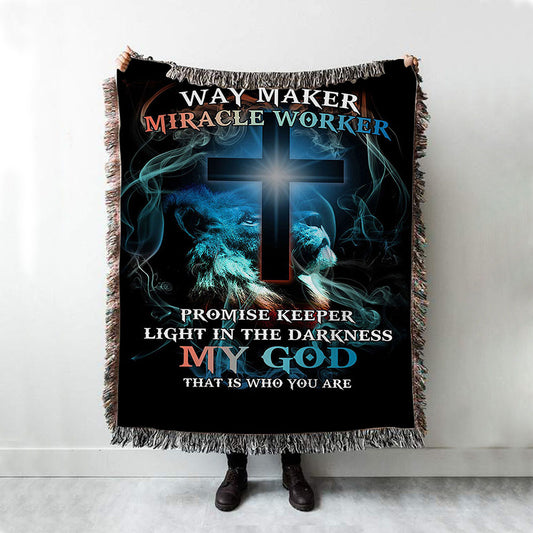 Way Maker Miracle Worker Lion & Cross Woven Throw Blanket - Christian Wall Woven Blanket - Religious Woven Blanket Prints