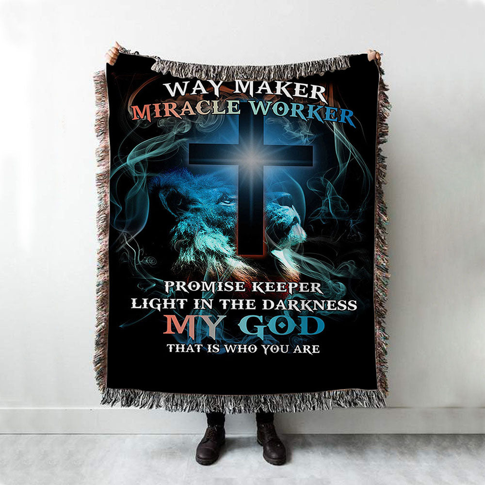 Way Maker Miracle Worker Lion & Cross Woven Throw Blanket - Christian Wall Woven Blanket - Religious Woven Blanket Prints