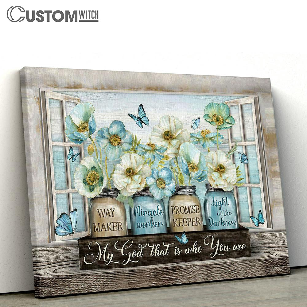 Way Maker Miracle Worker My God That Is Who You Are Pastel Jasmine Blue Butterfly Canvas Art - Christian Wall Art Decor - Bible Verse Canvas