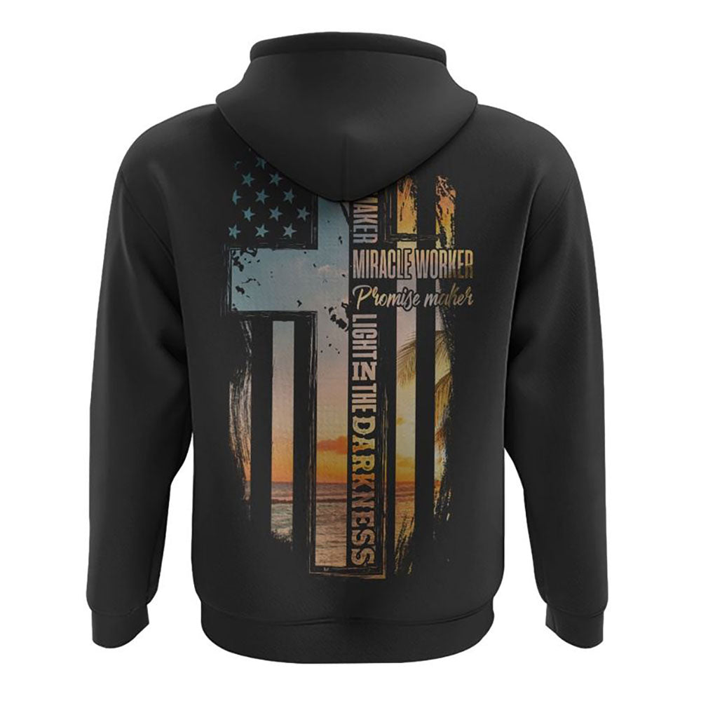 Way Maker Miracle Worker Sunset Beach Flag Half Cross All Over Print 3D Hoodie, Christian Hoodie, Christian Sweatshirt, Bible Verse Shirt