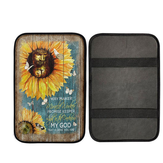Way Maker Promise Keeper My Savior Sunflower Butterfly Car Center Console Cover, Bible Verse Car Interior Accessories