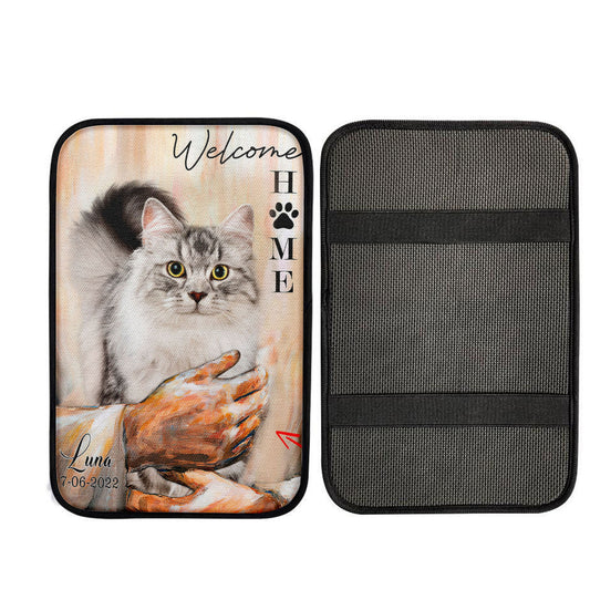 Welcome Home Jesus With Cat Canvas Wall Art - Cat In The Arms of Jesus Car Center Console Cover - Customized Cat Photos