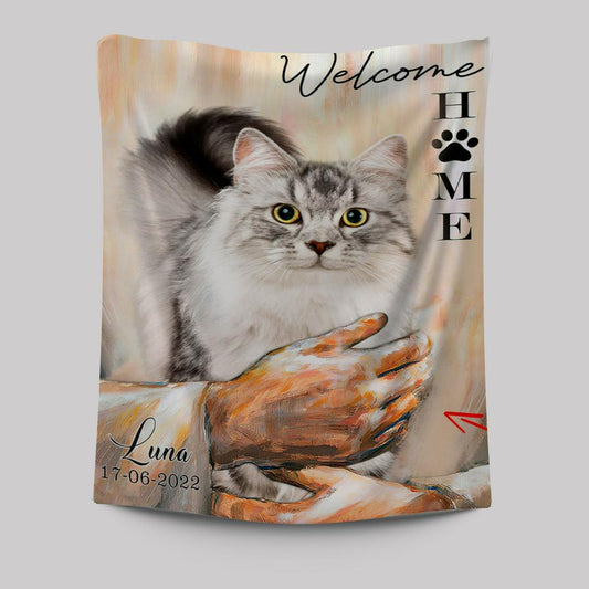 Welcome Home Jesus With Cat Tapestry Wall Art - Cat In The Arms of Jesus Tapestry Prints - Cat Loss Gift - Customized Cat Photos