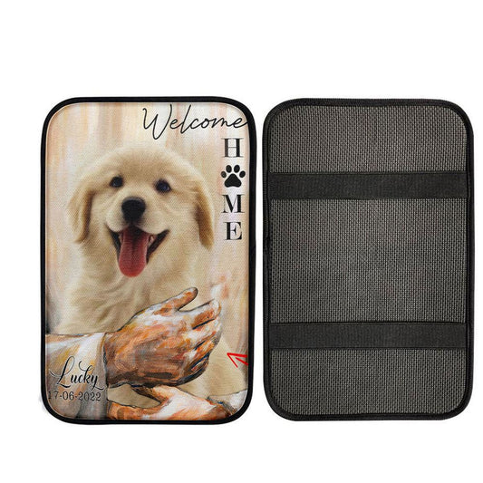 Welcome Home Jesus With Dog Car Center Console Cover - Dog In The Arms of Jesus Car Armrest Pad - Customized Dog Photos