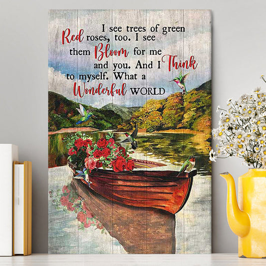 What A Wonderful World Boat Red Rose Lake Canvas Wall Art - Christian Canvas Prints - Bible Verse Canvas Art