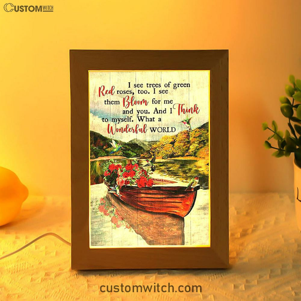 What A Wonderful World Boat Red Rose Lake Frame Lamp Art - Christian Night Light - Bible Verse Wooden Lamp