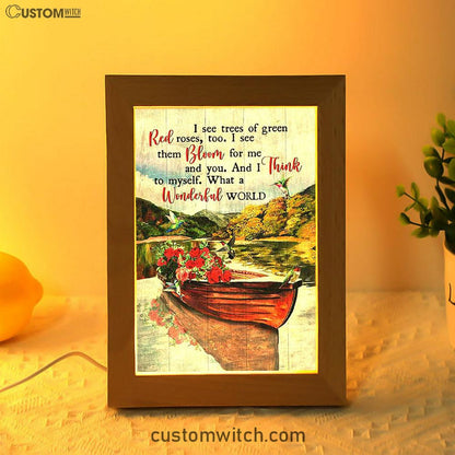 What A Wonderful World Boat Red Rose Lake Frame Lamp Art - Christian Night Light - Bible Verse Wooden Lamp