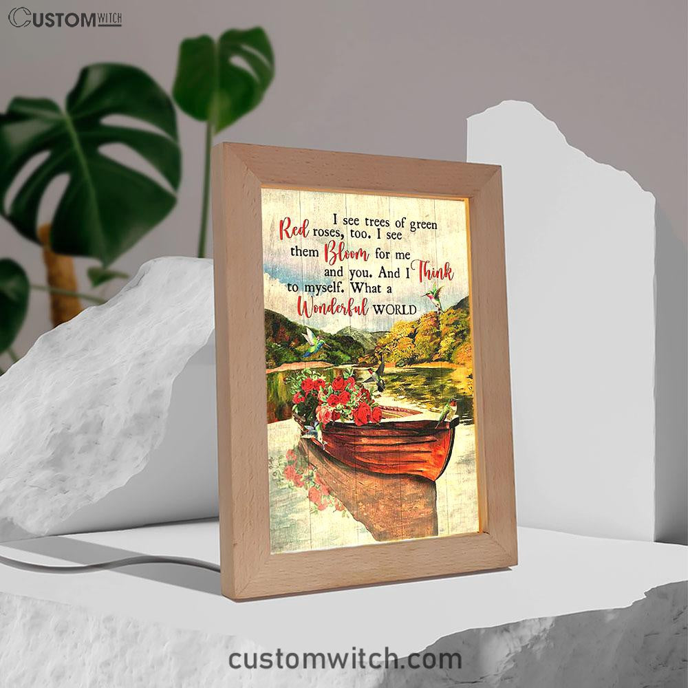 What A Wonderful World Boat Red Rose Lake Frame Lamp Art - Christian Night Light - Bible Verse Wooden Lamp
