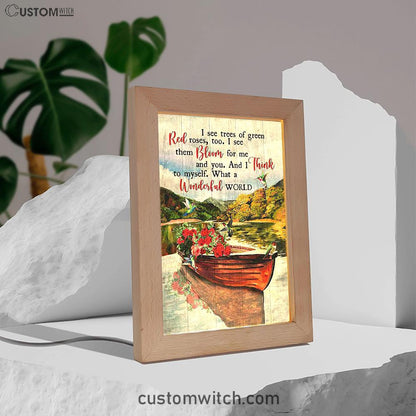 What A Wonderful World Boat Red Rose Lake Frame Lamp Art - Christian Night Light - Bible Verse Wooden Lamp
