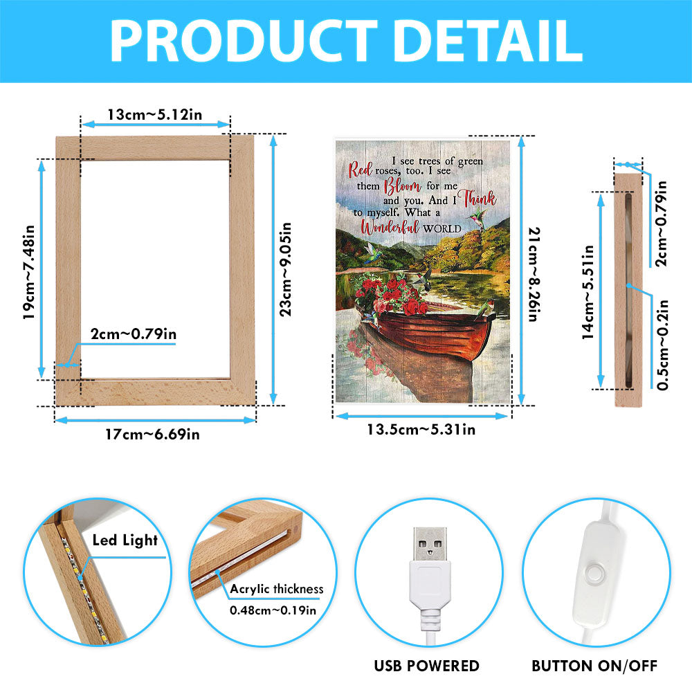 What A Wonderful World Boat Red Rose Lake Frame Lamp Art - Christian Night Light - Bible Verse Wooden Lamp