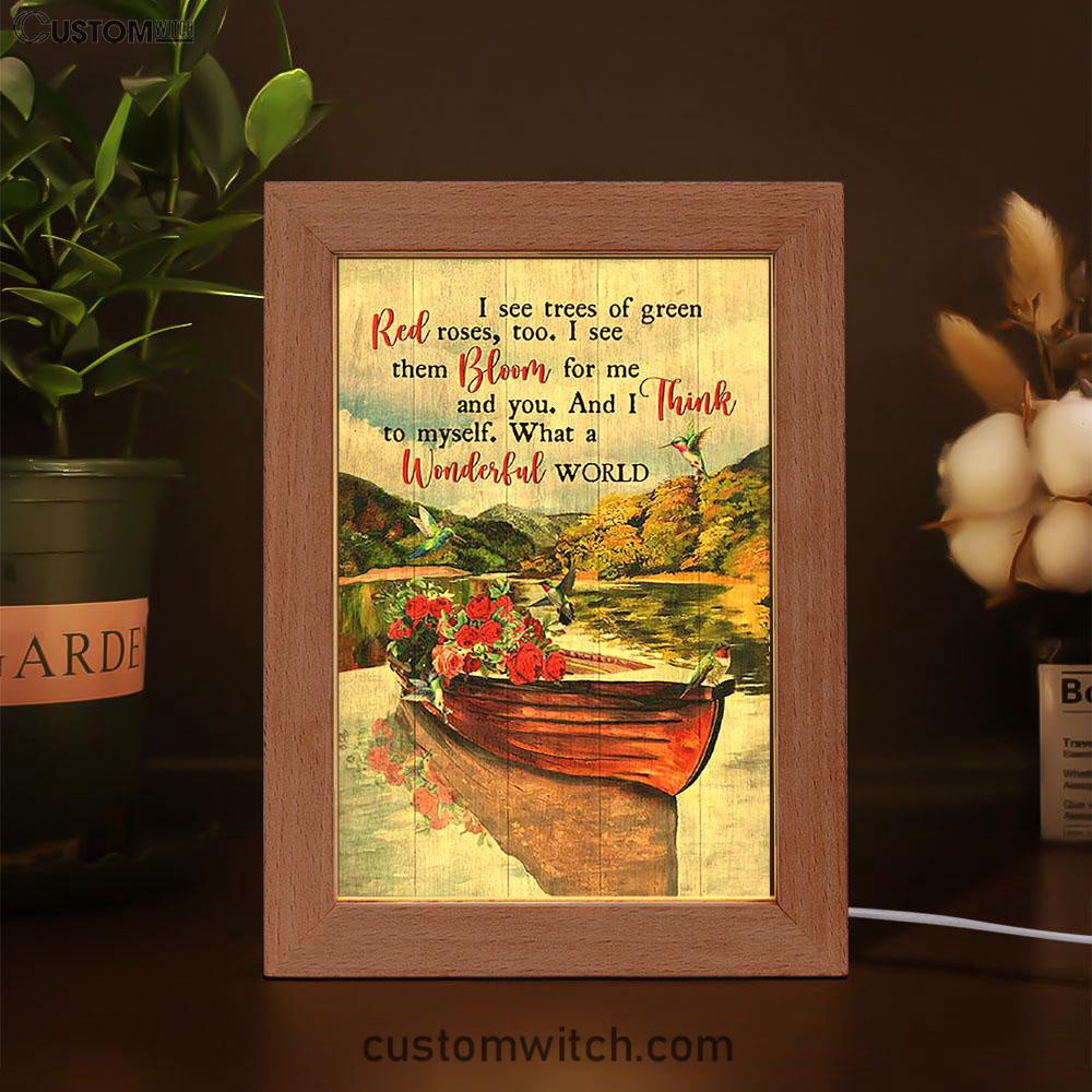 What A Wonderful World Boat Red Rose Lake Frame Lamp Art - Christian Night Light - Bible Verse Wooden Lamp
