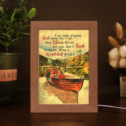 What A Wonderful World Boat Red Rose Lake Frame Lamp Art - Christian Night Light - Bible Verse Wooden Lamp