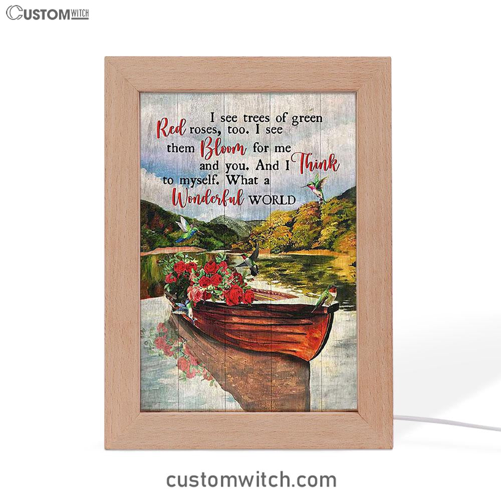 What A Wonderful World Boat Red Rose Lake Frame Lamp Art - Christian Night Light - Bible Verse Wooden Lamp