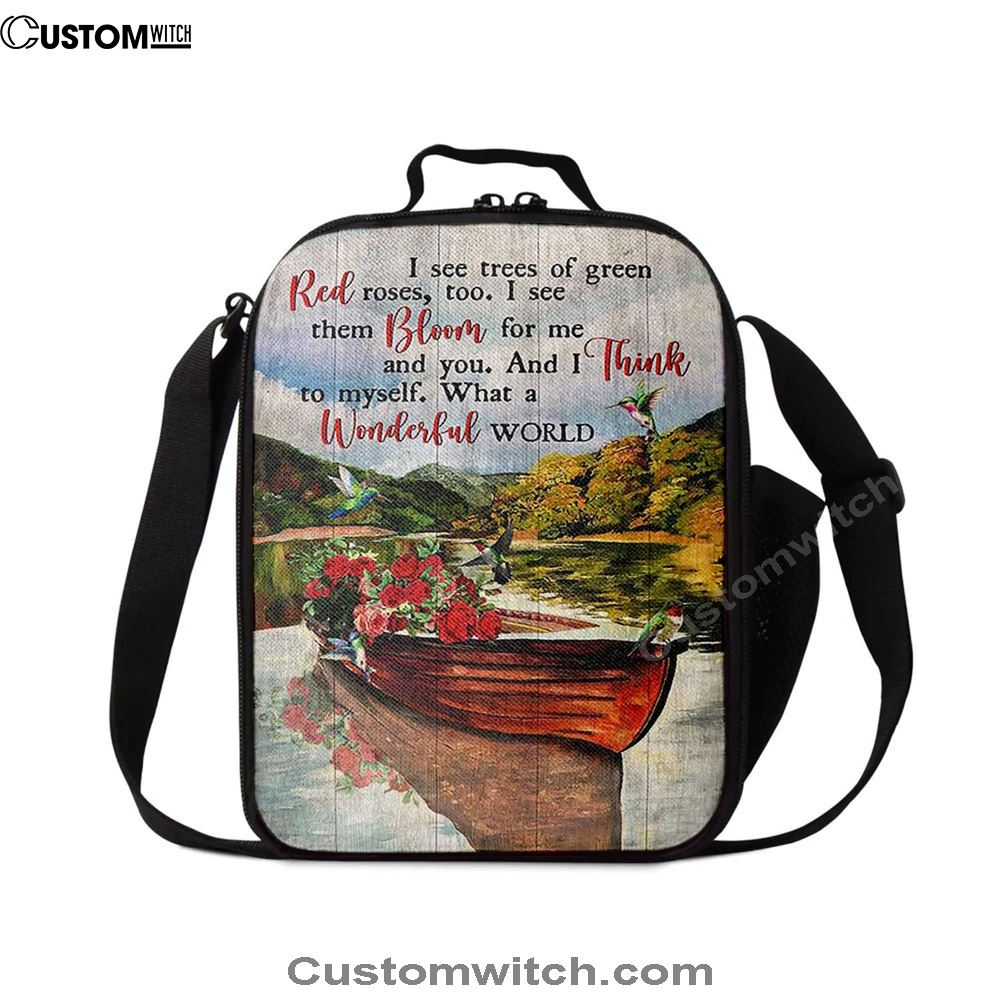 What A Wonderful World Boat Red Rose Lake Lunch Bag For Men And Women, Spiritual Christian Lunch Box For School, Work