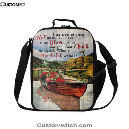 What A Wonderful World Boat Red Rose Lake Lunch Bag For Men And Women, Spiritual Christian Lunch Box For School, Work