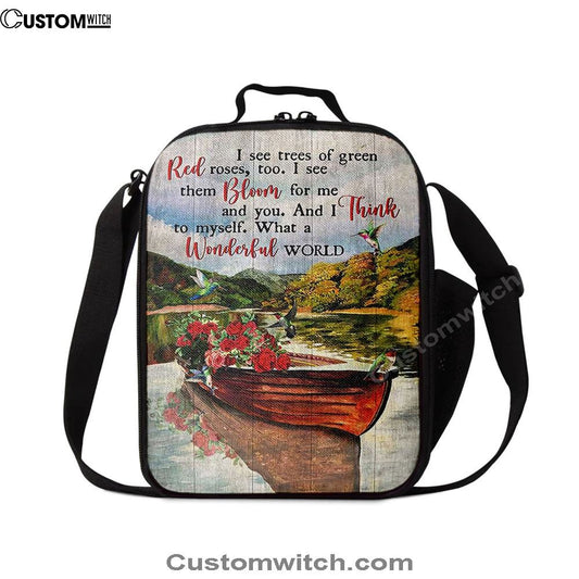 What A Wonderful World Boat Red Rose Lake Lunch Bag For Men And Women, Spiritual Christian Lunch Box For School, Work