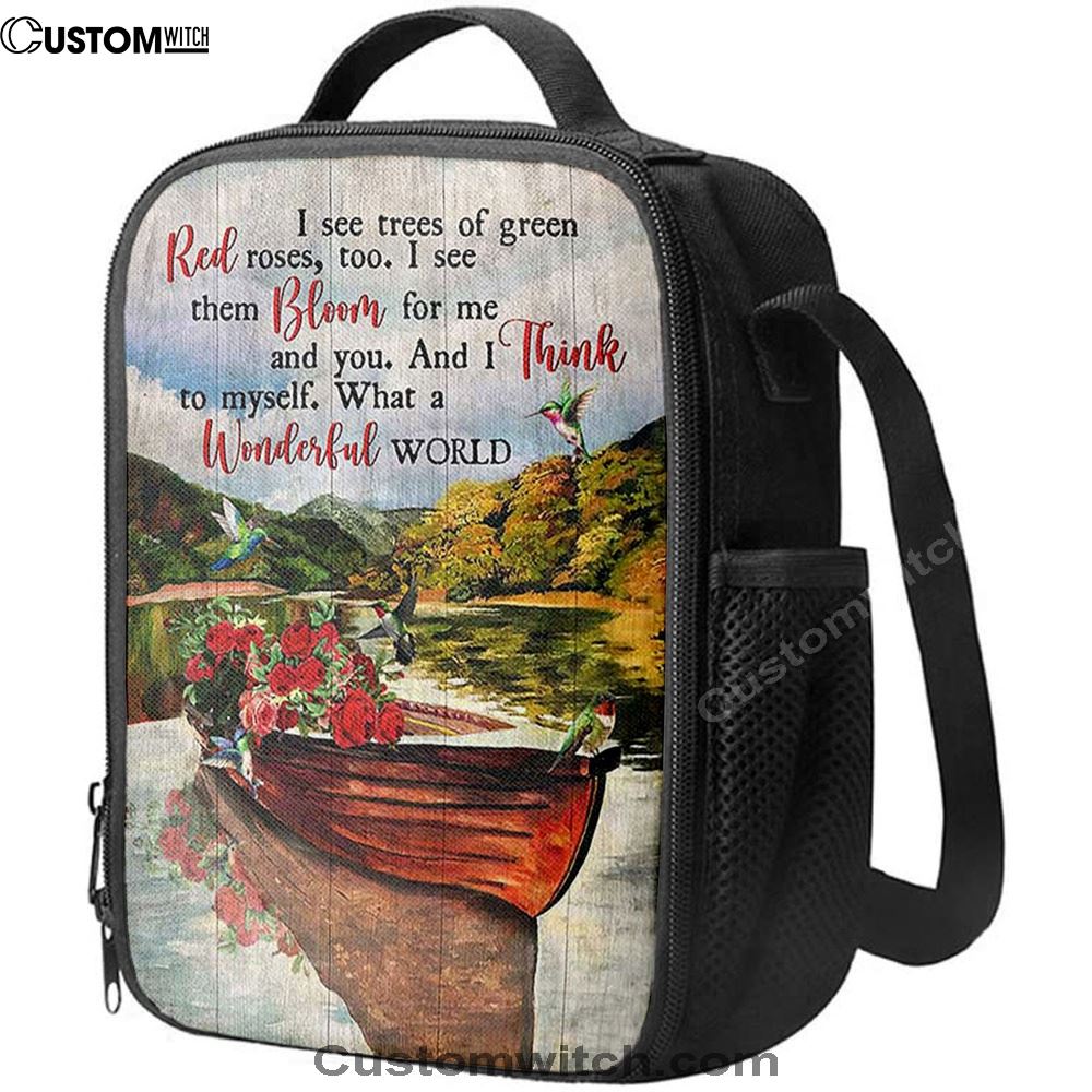 What A Wonderful World Boat Red Rose Lake Lunch Bag For Men And Women, Spiritual Christian Lunch Box For School, Work